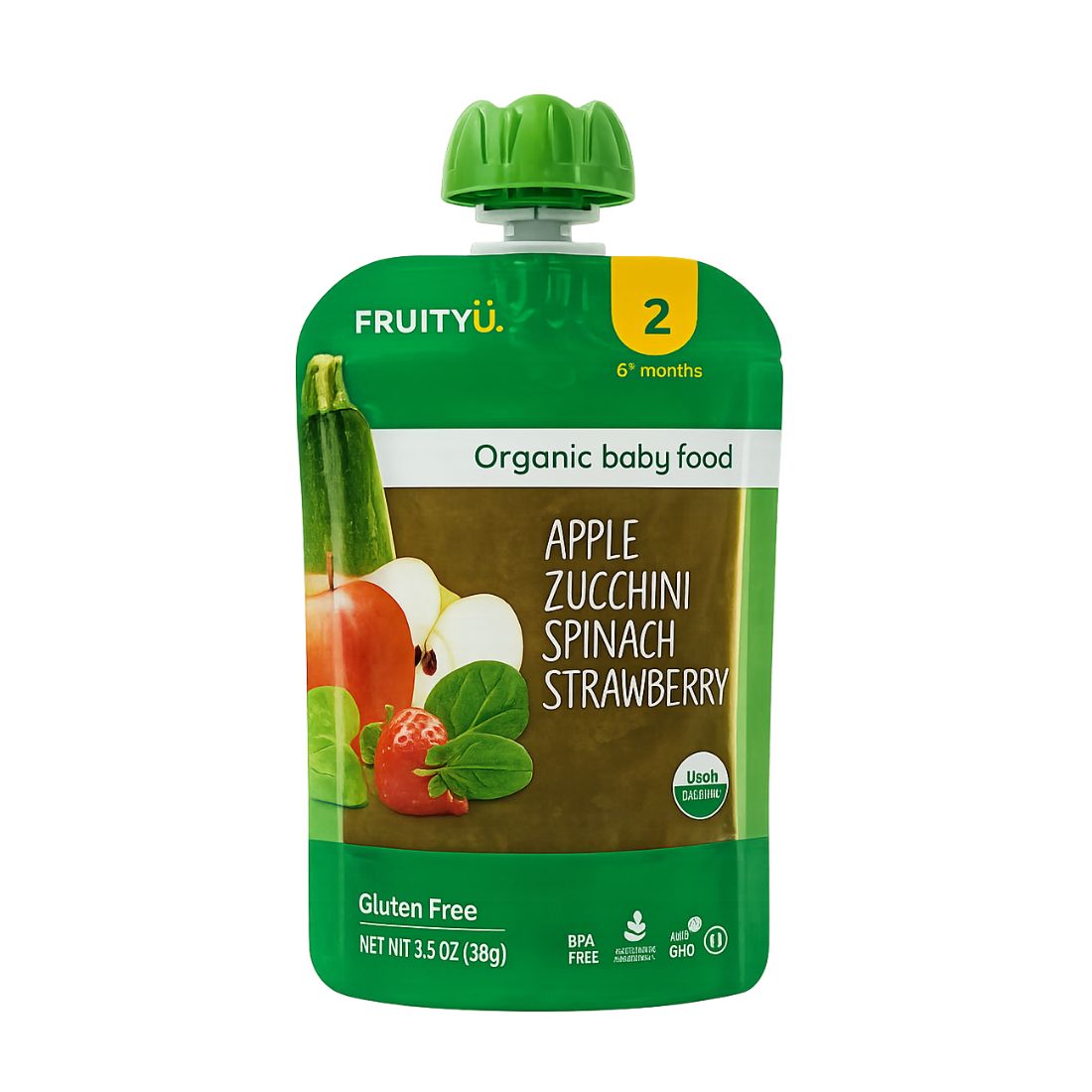 Puré Orgánico FRUITYU Manzana, Zucchini , Espinaza y Frutilla 90 g