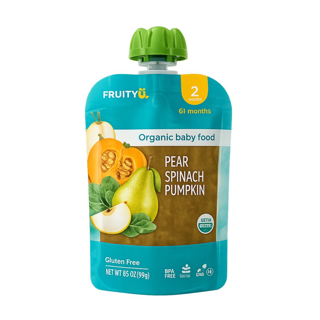Puré Orgánico FRUITYU Pera, Espinaca y Zapallo 90 g